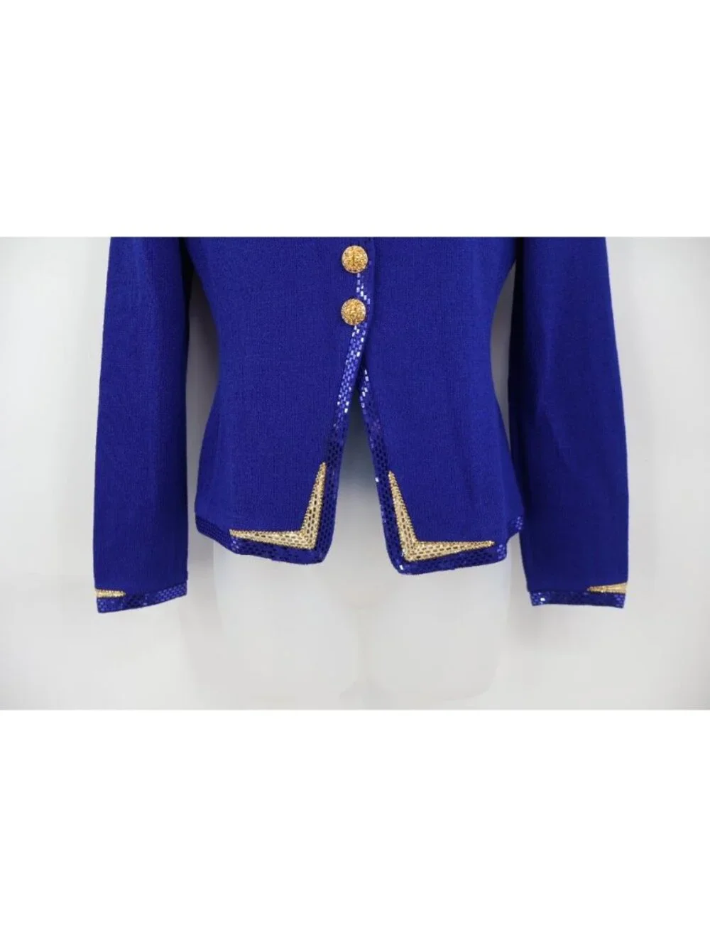 St. John Evening Blazer Size 2 Royal Blue Santana Knit Gold Sequin Trim Button - Picture 5 of 15